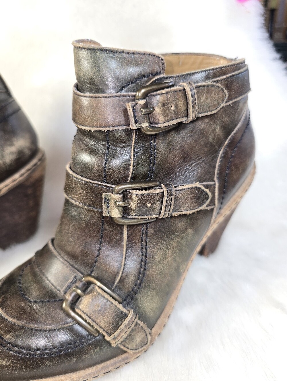 Schuler & Sons Side Zip Triple Buckle Heel Distressed Ankle Boot - Picture 6 of 16